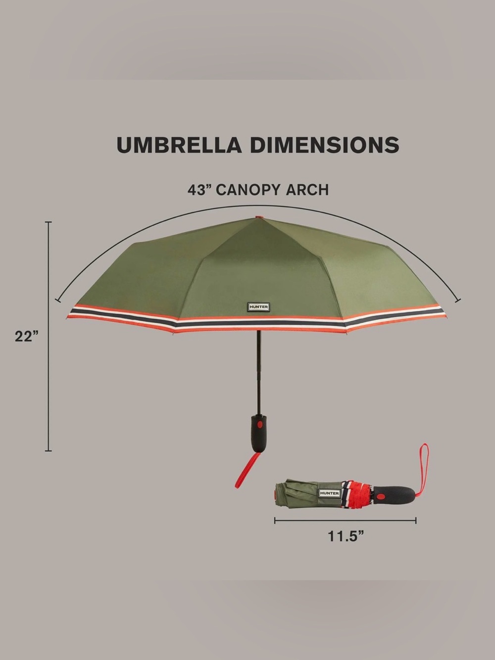 Hunter Signature Stripe Compact Umbrella Cypress w/Red stripe - Picture 2 of 10